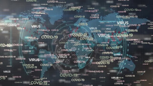 Animation of covid texts over world map on digital screen