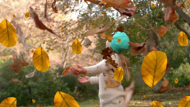 Animation of fall leaves falling over happy caucasian girl in autumn park