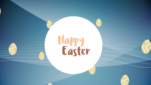 Animation of happy easter text over egg icons and shapes