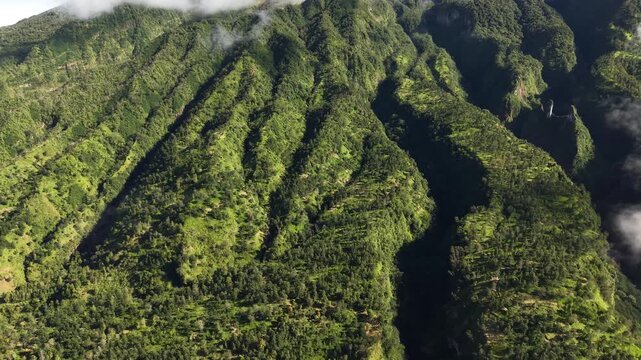 4K aerial footage of the Mount Merapi valley in Yogyakarta exposed to the morning sun.