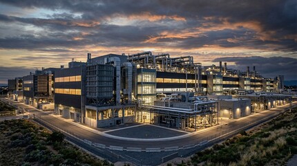 Obraz premium Cinematic wide shot portrays the monolithic exterior of a mega-scale semiconductor fabrication plant at twilight with detailed piping.