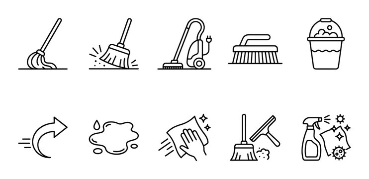 A clean and simple set of line icons representing various cleaning tools and actions, perfect for concepts of hygiene, home care, or janitorial services.