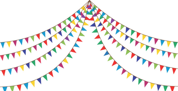 Festive colorful bunting flags garland with multiple triangle pennants hanging decoration for party celebration banner vector illustration isolated on white