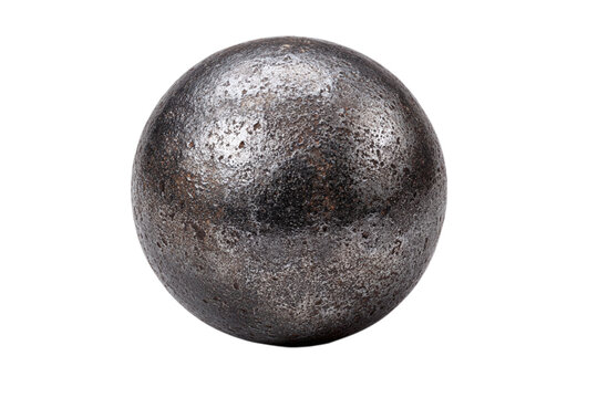 A heavy cast iron shot put ball with a slightly pitted surface, realistic metallic weight, isolated on white background --ar 3:2