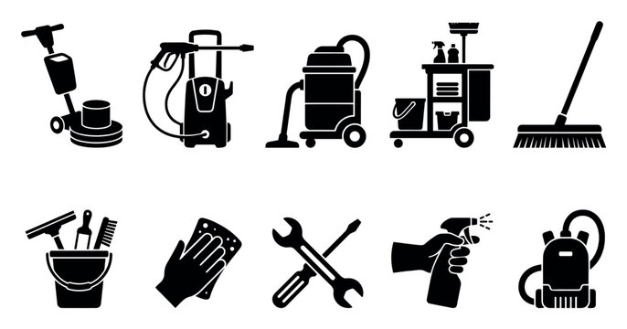 A collection of black silhouette icons representing various cleaning tools and equipment, including vacuums, mops, pressure washers, and spray bottles, suitable for commercial use.