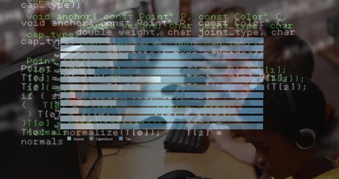 Data processing over group of diverse kids using computer and then waving together at school