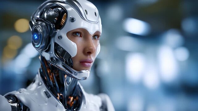 Futuristic humanoid robot with intricate design showcasing advanced technology and lifelike features, set against a blurred, high-tech background emphasizing innovation.
