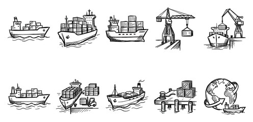 Fototapeta premium A collection of hand-drawn illustrations depicting cargo ships, containers, cranes, and a globe, symbolizing global logistics and shipping.