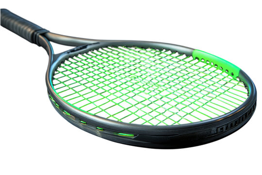 A high-performance graphite tennis racket with neon green strings, isolated on white background --ar 3:2