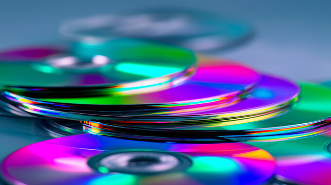 Stack of colorful compact discs with reflective surface and vibrant light effects on minimal background.