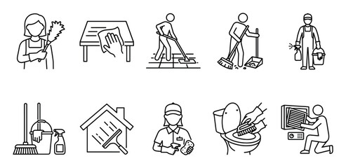 Fototapeta premium A collection of clean line art icons depicting various household cleaning tasks and tools, perfect for illustrating domestic services and hygiene.