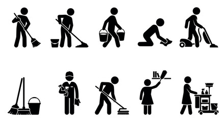 Fototapeta premium A collection of black silhouette icons depicting various cleaning activities and tools, ideal for illustrating household chores, professional services, or hygiene concepts.
