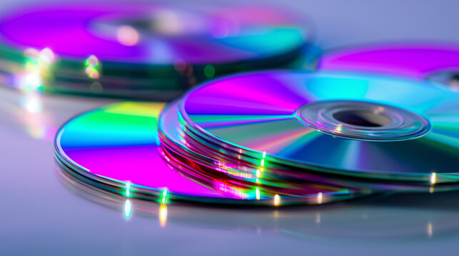 Stack of colorful compact discs with reflective surface and vibrant light effects on minimal background.