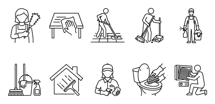 A collection of clean line art icons depicting various household cleaning tasks and tools, perfect for illustrating domestic services and hygiene.