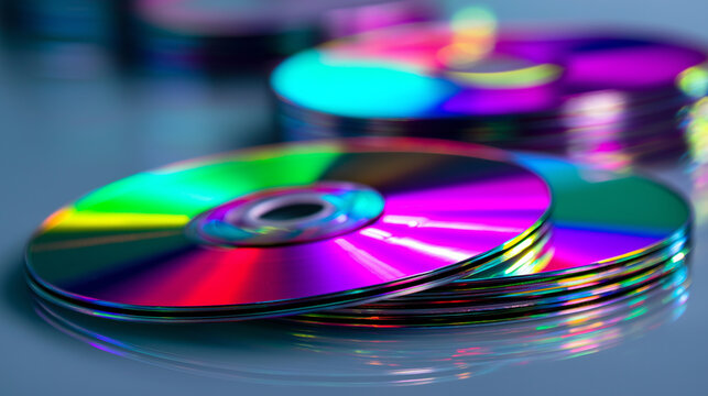 Stack of colorful compact discs with reflective surface and vibrant light effects on minimal background.