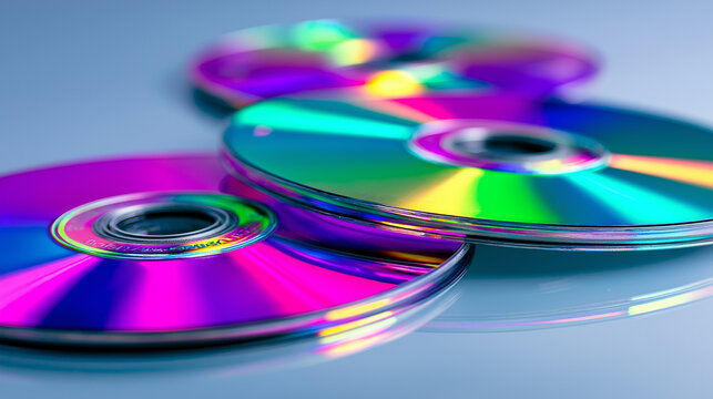 Stack of colorful compact discs with reflective surface and vibrant light effects on minimal background.