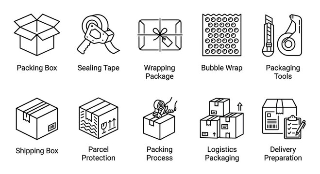 A collection of flat line art icons representing various aspects of packaging, shipping, and logistics, including boxes, tape, bubble wrap, and preparation tools.