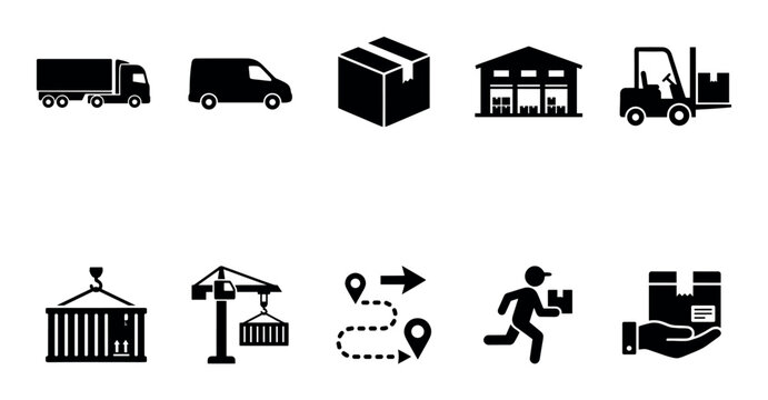 A clean, graphic set of black icons representing various aspects of logistics, including trucks, vans, boxes, warehouses, forklifts, cranes, routes, and delivery people.