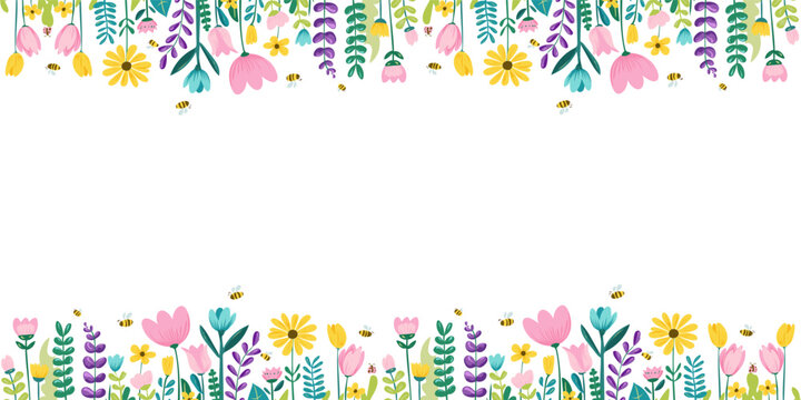 Collection of spring colorful flower elements vector. Floral boarder of wildflower, leaf branch, foliage on white background. Hand drawn blossom illustration for decor, easter, sticker, clipart.