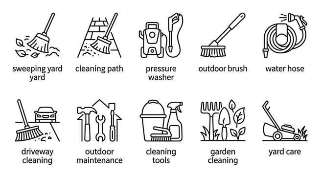 A set of simple line icons depicting various outdoor cleaning tools and yard maintenance tasks like sweeping, pressure washing, and gardening.
