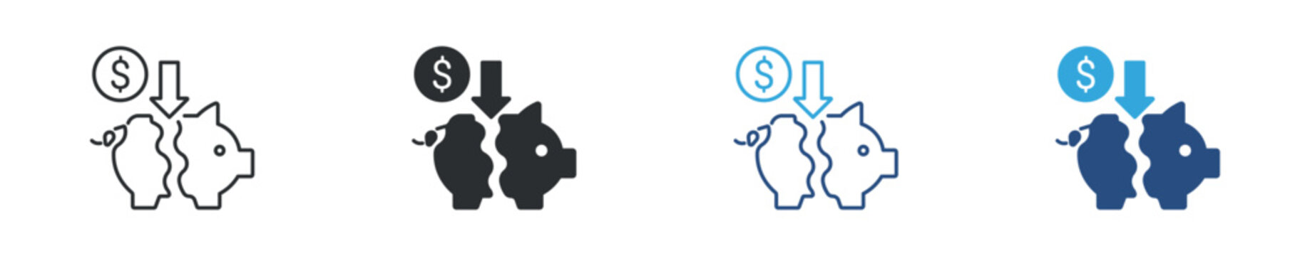 Financial risk and loss icon set. Broken piggy bank, money loss and economic crisis concept. Vector illustration.