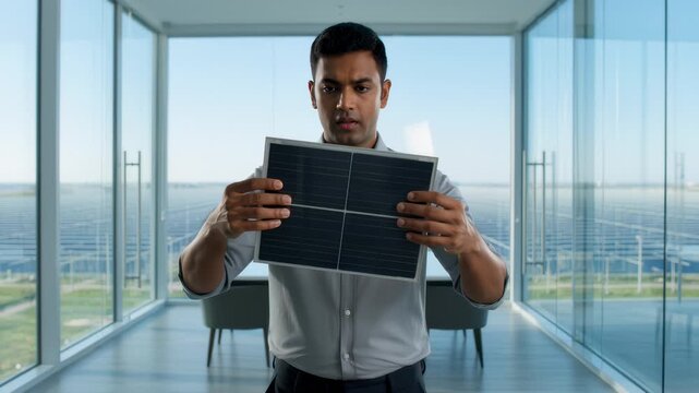 Male Engineer Examining Small Solar Panel in Modern Office Overlooking Vast Solar Energy Farm