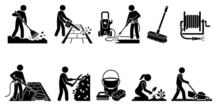 This black and white illustration shows various pictogram-style figures engaged in outdoor chores like sweeping, leaf blowing, pressure washing, and gardening.
