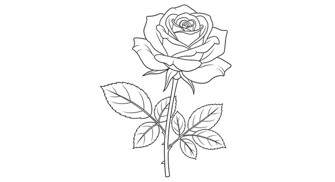 Elegant rose illustration detailed outline of a blooming flower on white