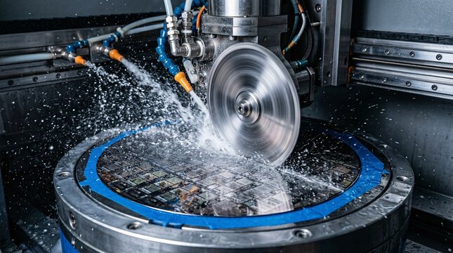 Close-up captures an automated high-speed dicing saw fiercely slicing a finished semiconductor wafer surrounded by purified cooling water.