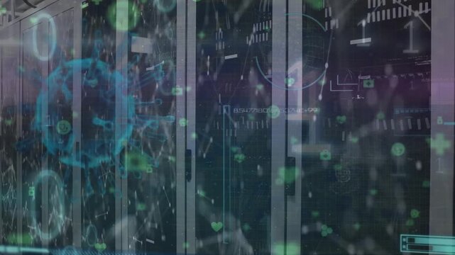 Animation of virus, binary code and connections over servers