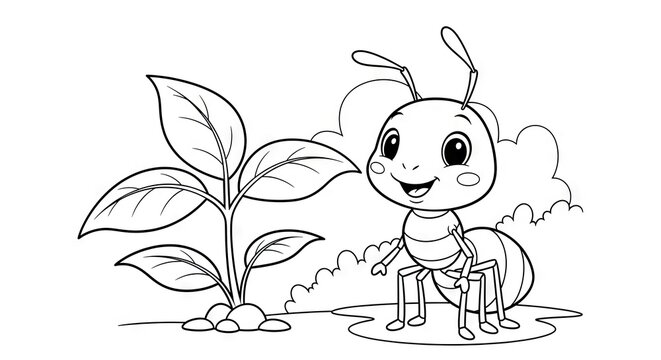 Cartoon ant smiling near plant vector illustration isolated white background