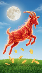 Obraz premium Fire Goat silhouette under full moon Chinese zodiac Year of the Goat 2027 Lunar New Year night sky astrology illustration