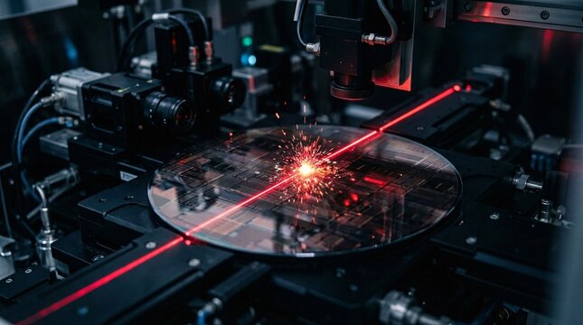 Macro photography captures an automated defect inspection system where a piercing red laser line scans a highly reflective silicon wafer.