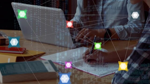 Animation of data processing over caucasian students writing