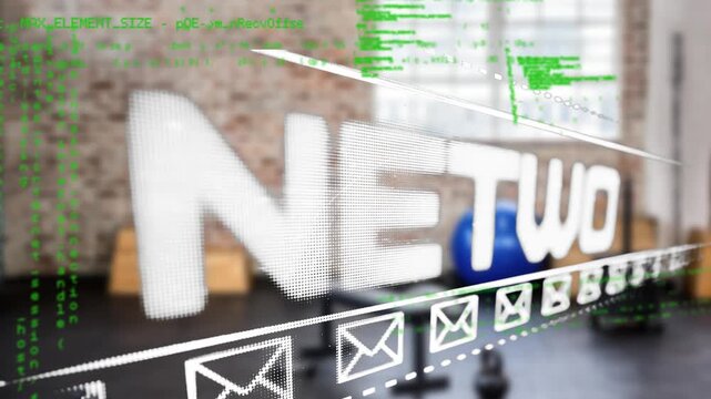 Animation of data processing and social network text over gym