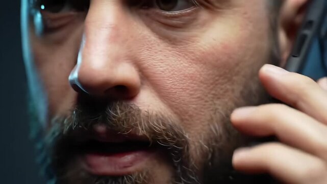 Closeup of a bearded man on phone