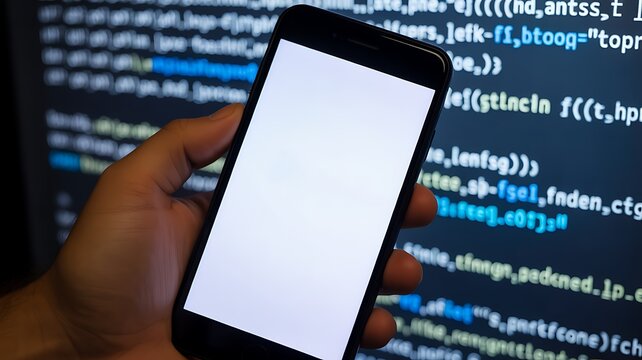 Hand holding smartphone with blank screen over programming code background