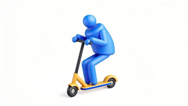 3D render of a blue cartoon character riding a yellow electric scooter on a white background minimalist design for urban mobility delivery service and modern transportation concept