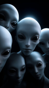 Group of alien faces with large black eyes in dark environment representing extraterrestrial concept.