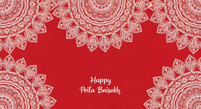 Happy poila Baisakh a seamless vintage red and white floral lace pattern with snowflake ornaments creates a decorative winter wedding invitation border and festive Christmas wallpaper texture