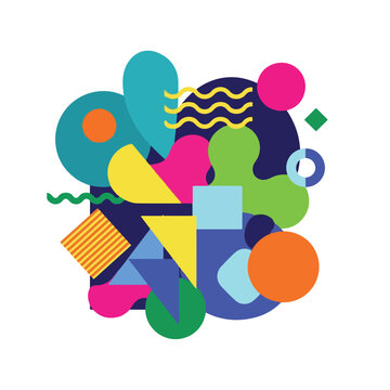 Colorful abstract artwork featuring geometric shapes of various colors and sizes