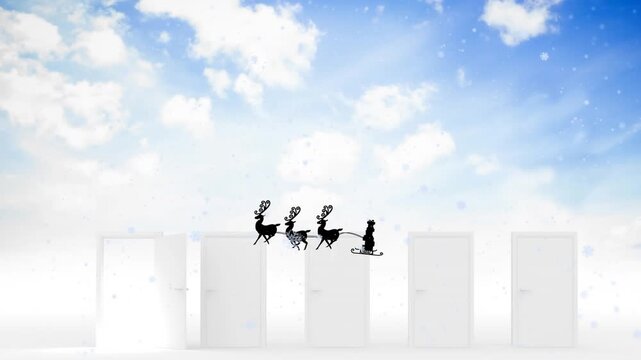 Animation of snowflakes over santa claus in sleigh being pulled by reindeers against doors in sky