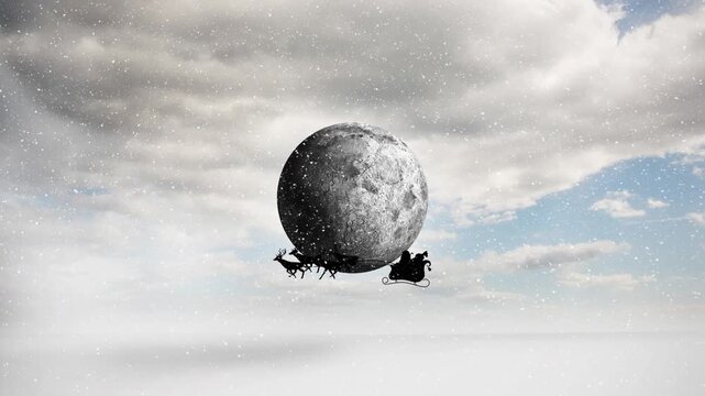 Animation of snow falling over santa claus in sleigh being pulled by reindeers against moon