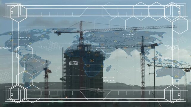 Animation of interface with data processing over world map against construction site