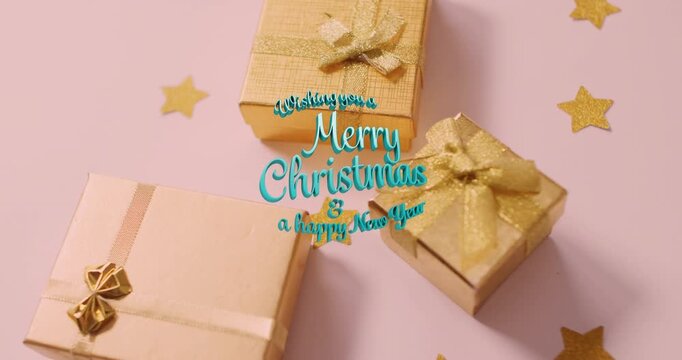 Animated Christmas video with gold presents, stars, and festive greetings.