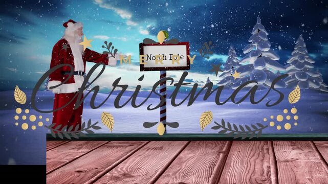 Animation of merry christmas text over santa claus showing north pole signboard on winter landscape