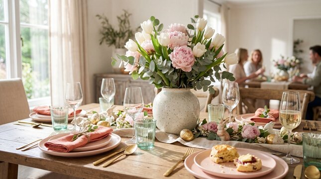 Elegant Easter Brunch Table Setting with Peonies and Tulips Centerpiece Pink Plates and Gold Cutlery in Sunlit Dining Room