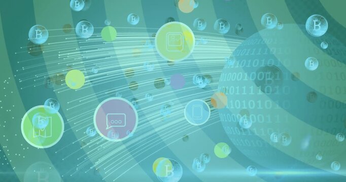 Animation of globe with network of connections with data processing and bitcoin sign