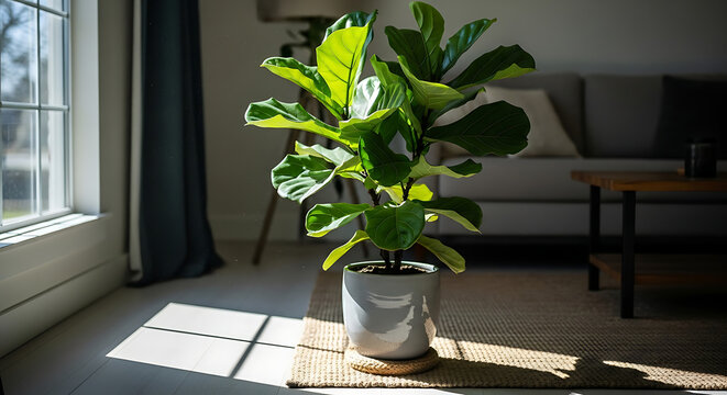 A vibrant fiddle leaf fig plant sitting in a grey ceramic pot inside a sunlit modern living room