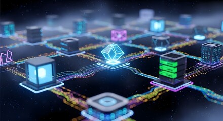 Fototapeta premium A futuristic digital network with glowing blue and green servers connected by neon lines
